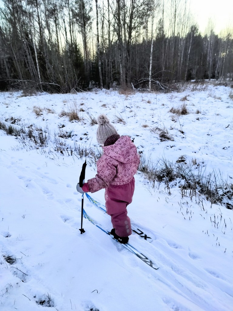 Kaksivuotias hiihtää pellon reunalla