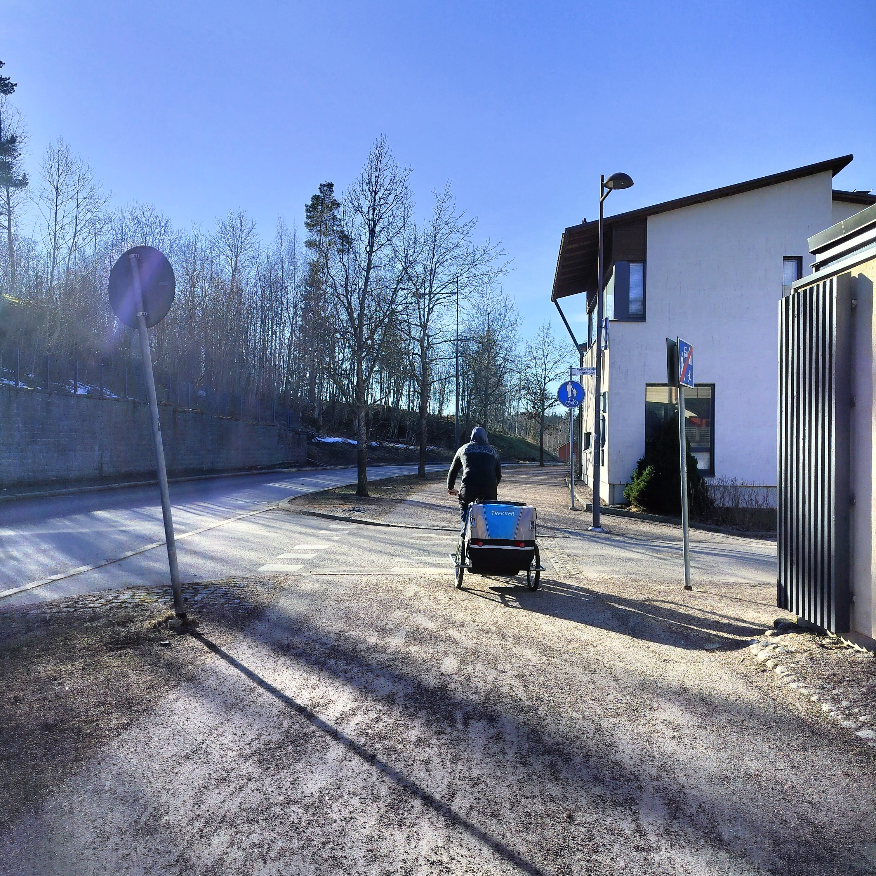 Mies polkee pyörällä Kaukalahdessa pyöräkärry perässään